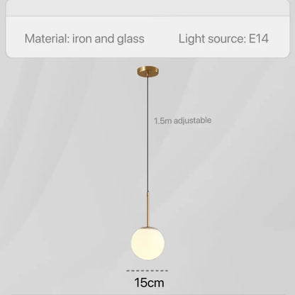 Minimalist glass pendant light with brass iron finish and adjustable cord for bedroom bedside chandeliers