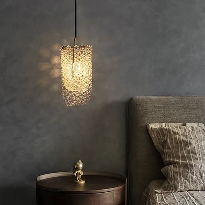 A warm golden geometric crystal led ceiling chandelier with textured glass cage for bedroom decorbites crystal led