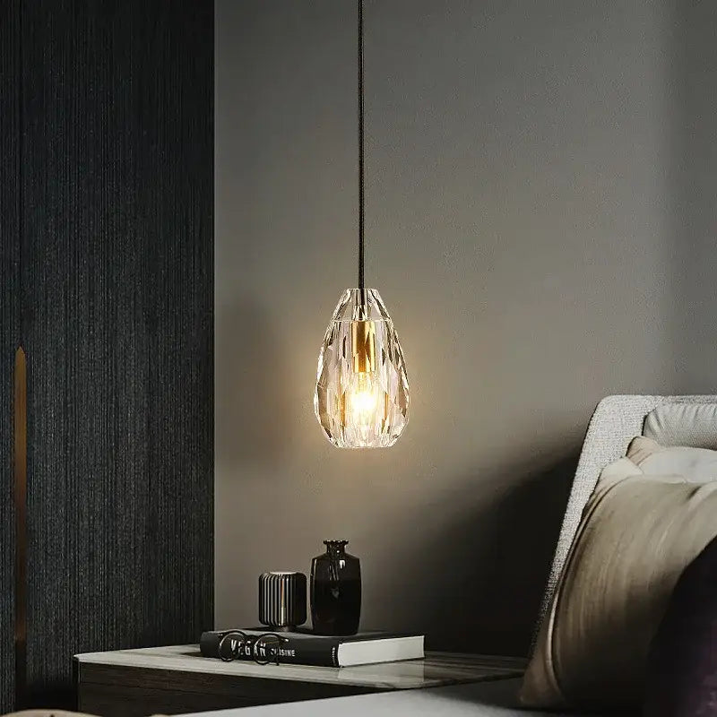 Modern geometric gold and clear crystal led ceiling chandelier with faceted pendant and warm glow for bedroom decorbites crystal led