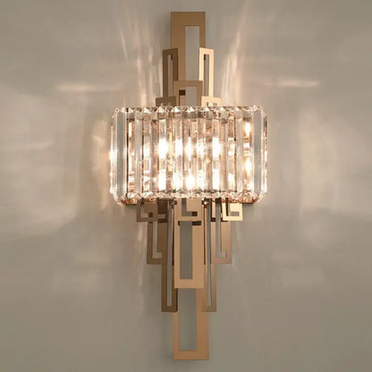 A modern geometric gold wall lamp with clear crystal rods decorbites crystal wall lamp for bedroom decor