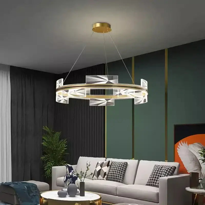 Modern geometric gold led pendant lights with clear crystal decorbites gold led frame for dining room lighting
