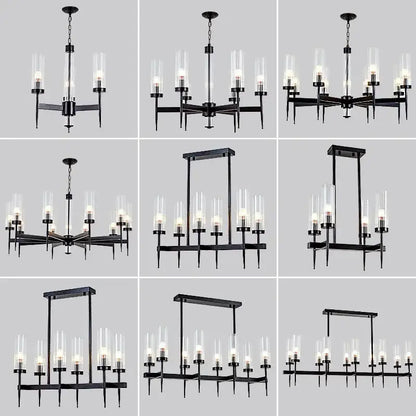 Black metal chandeliers with clear glass candle-style shades for modern geometric gold metal glass pendant light decorbites