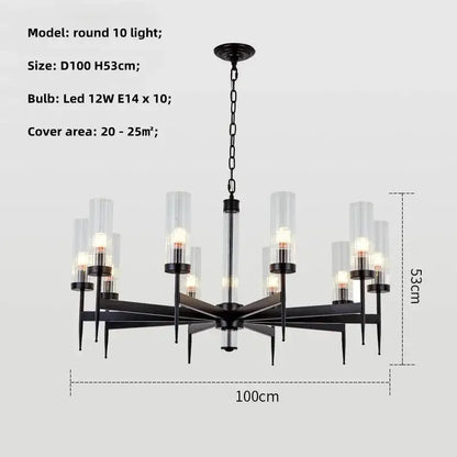 Black metal pendant light with ten clear glass shades and led bulbs featuring decorbites gold metal glass design