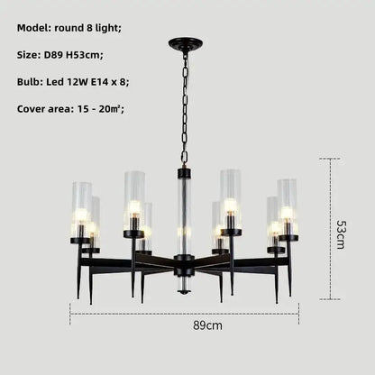 Black metal chandelier pendant light with eight clear glass cylinders led bulbs decorbites gold metal glass design