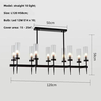Modern geometric gold metal glass pendant light featuring black metal chandelier with ten clear glass cylindrical shades