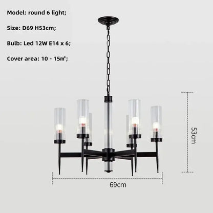 Black metal chandelier pendant light with six clear glass cylindrical shades and chain suspension for decorbites gold metal glass decor