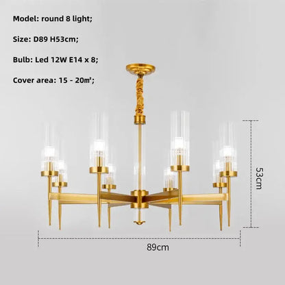 Modern geometric gold metal glass pendant light with eight clear glass cylinders and led bulbs for dining room decorbites gold metal