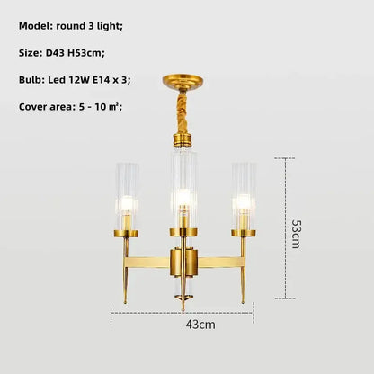 Modern geometric pendant light with decorbites gold metal finish and three clear glass cylindrical shades for dining room