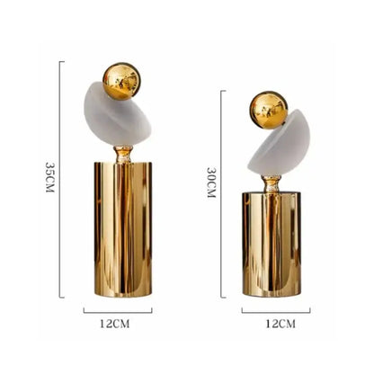 Modern geometric golden ball frosted glass sculpture with gold and white marble base for living room decor