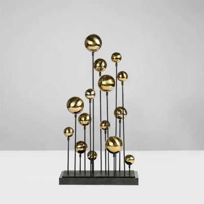 Modern geometric golden ball sculpture featuring metallic spheres on black rods for living room metal decorbites decor