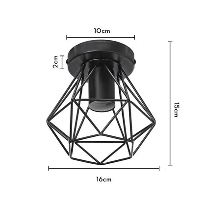 Black metal ceiling light with diamond-shaped decorbites iron frame cage and 10cm diameter base for aisle and loft