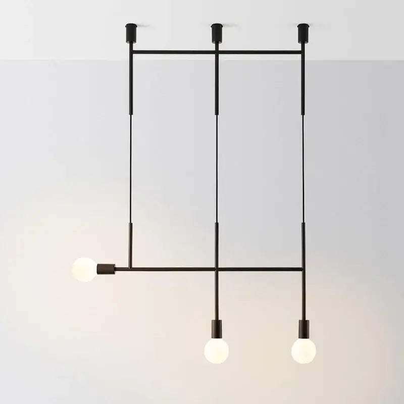 Black minimalist decorbites geometric iron pendant light with three exposed bulbs and brass accents for dining room use