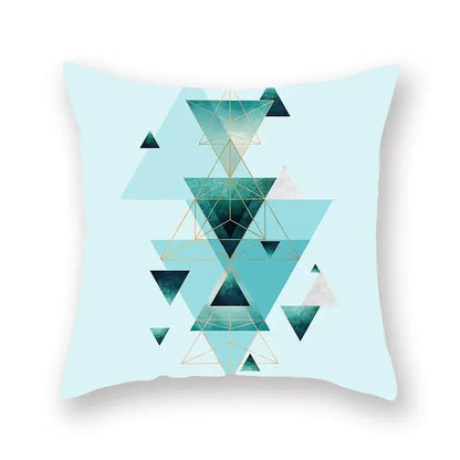 Modern geometric leaf flower pillowcase with teal navy and gold triangles on light mint for living room decorbites decor