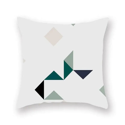 White throw pillow with modern geometric leaf flower design in teal blue shades for decorbites geometric leaf pillowcase
