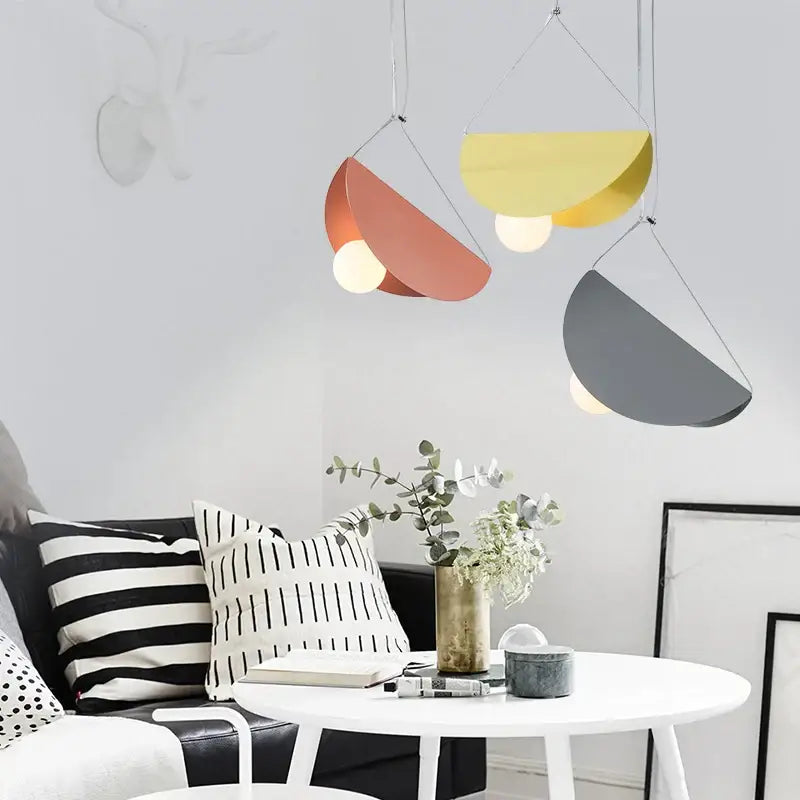 Modern geometric led pendant light for dining room featuring coral orange gray semi circular metal shades decorbites geometric led pendant