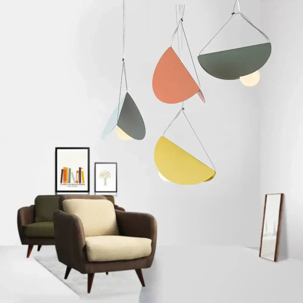 Modern geometric led pendant light featuring muted orange gray and yellow half-moon shapes for dining room decorbites geometric led pendant