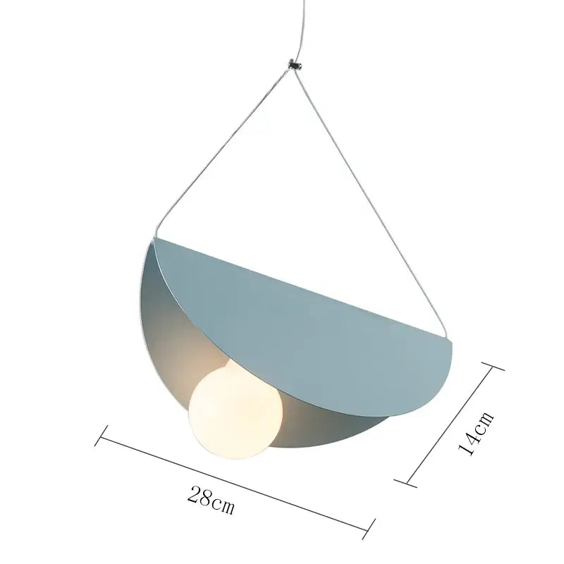 Modern geometric led pendant light with matte blue half-moon shade and warm white bulb by decorbites pendant light