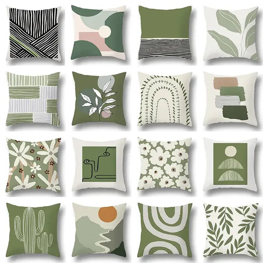 Set of twelve modern pillow covers with geometric print and decorbites green plants design in muted earthy tones