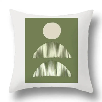 White throw pillow cover with minimalist geometric print on olive green background for decorbites green plants decor