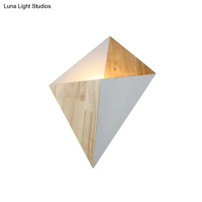 Modern geometric rubber wood wall sconce with diamond design and natural wood and matte white panels for bedroom