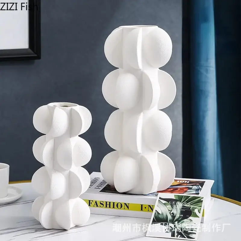 White ceramic vase with stacked spherical design featuring geometric spiral resin for modern living room decorbites decor