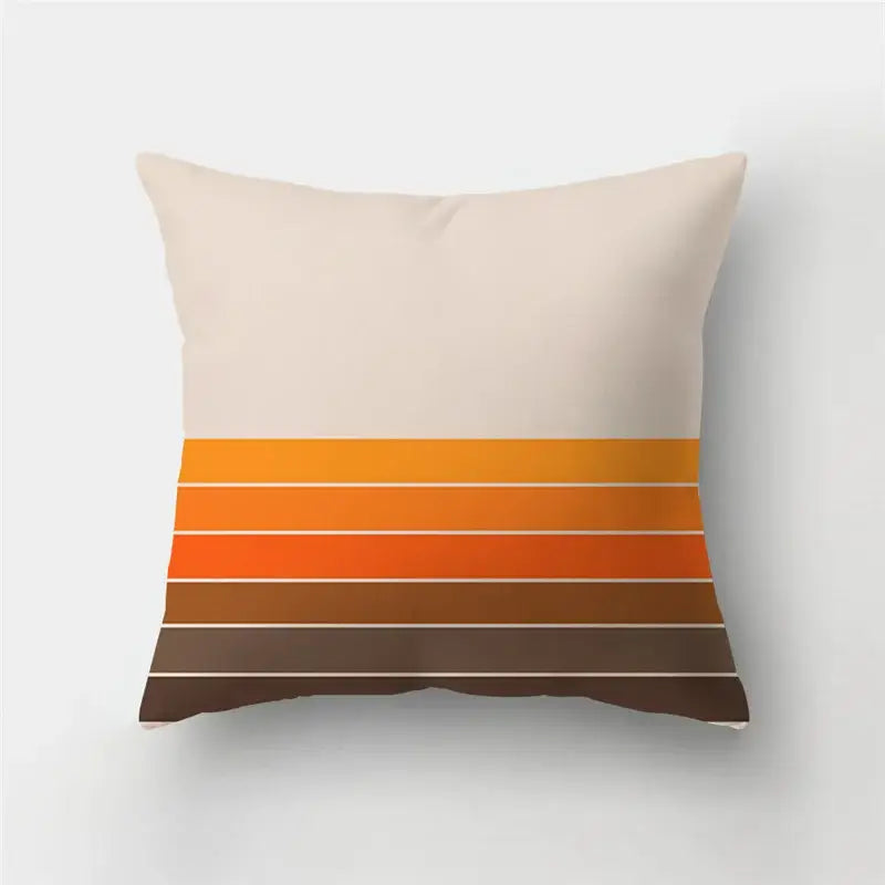 Beige throw pillow case with geometric stripe patchwork in orange to brown shades for modern living room decor