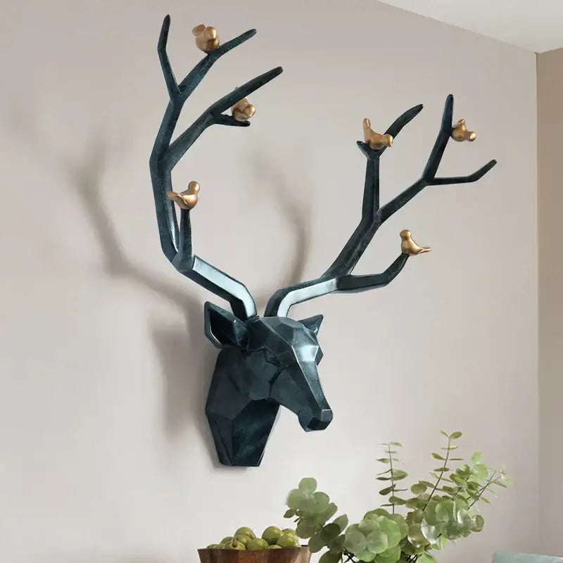 Modern geometric black deer head wall decor with gold birds perched on antlers for living room decorbites deer head wall