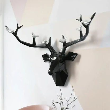 Modern black geometric deer head wall decor with silver birds on antlers for living room decorbites deer head wall