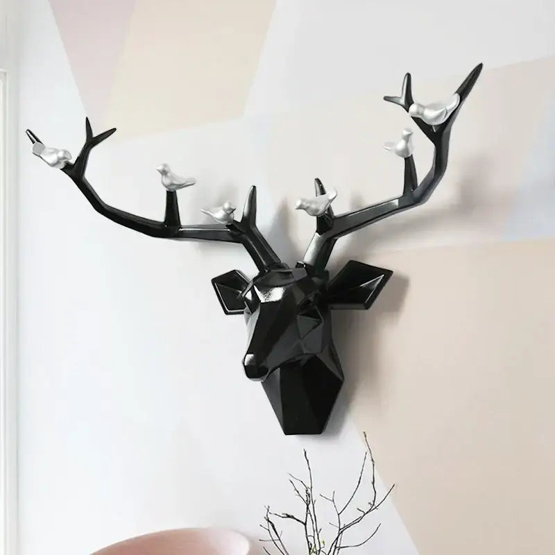 Modern black geometric deer head wall decor with silver birds on antlers for living room decorbites deer head wall