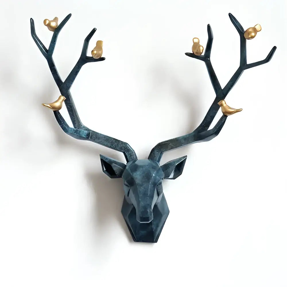 Modern geometric dark teal metallic deer head wall decor with gold birds on antlers for living room decorbites deer head wall