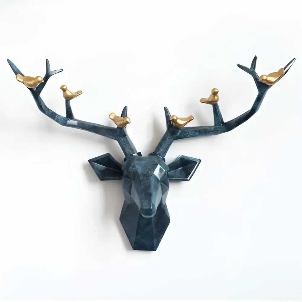 Modern geometric dark blue deer head wall decor with gold birds perched on antlers for living room decorbites deer head