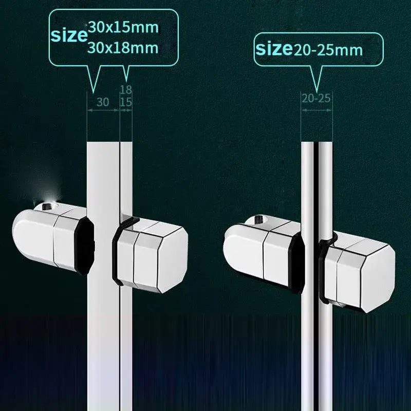 Silver metallic pipe clamp slide rail holder bracket with black rubber grip and white plastic housing in two sizes 30x15mm and 20-25mm