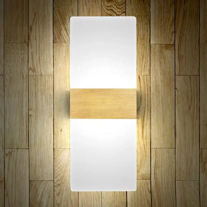 Modern rectangular wall sconce lamp with a central wooden accent strip for bedroom lighting and decor