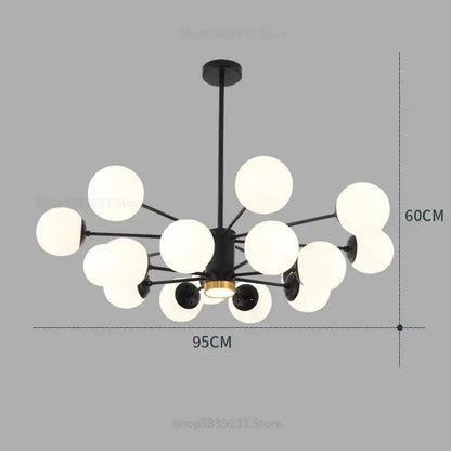 Modern black metal chandelier with multiple white glass ball pendant lights for elegant living room decorbites lighting