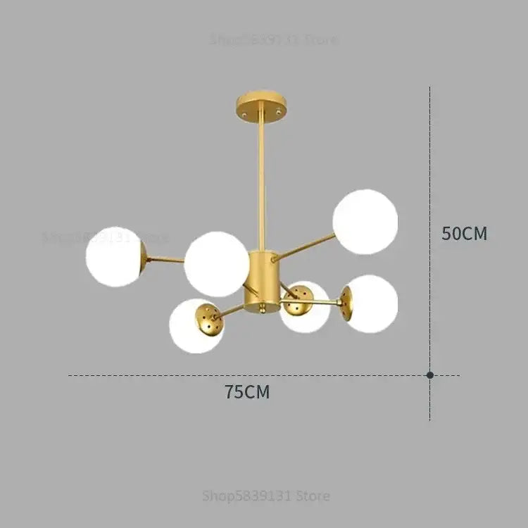 Gold-toned modern decorbites glass ball pendant lights chandelier with six frosted glass globe shades for living room decor