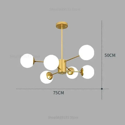 Gold-toned modern decorbites glass ball pendant lights chandelier with six frosted glass globe shades for living room decor
