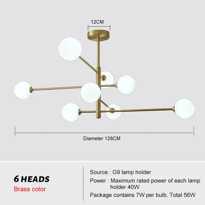 Modern glass brass chandelier with six spherical white glass lamp heads for living room decorbites glass brass lighting