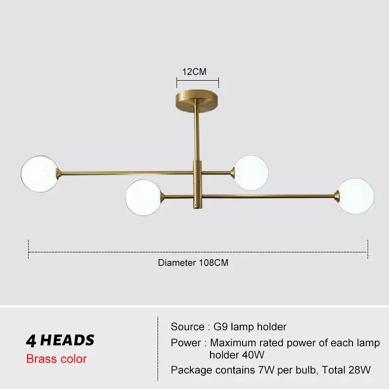 Modern glass brass chandelier with four white glass spherical lamps in brass color for living room decorbites glass brass