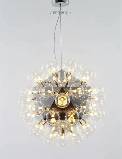 A modern decorbites glass bubble led hanging lamp with a central triangular frame and warm glass bubble led bulbs