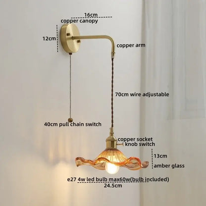 Antique brass copper led wall light with wavy amber glass shade and adjustable 70cm wire for modern bedrooms