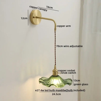 Modern glass copper led wall lights featuring a brass copper led wall sconce with green flared glass shade and braided wire