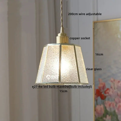 Modern glass copper pendant light with warm-toned hexagonal textured glass panels and brass copper socket for dining room