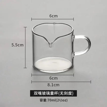 Clear glass cup measuring jug with wooden handle 70ml capacity ideal as a milk latte jug for kitchen use