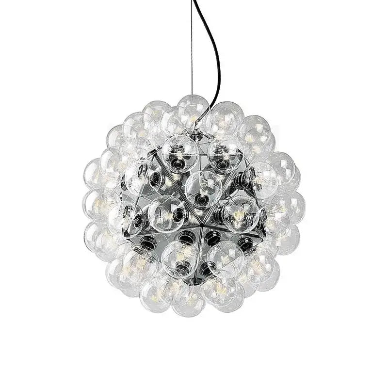 Modern glass dandelion g4 led chandelier featuring clear glass globe pendant light with chrome frame and black cord decorbites glass