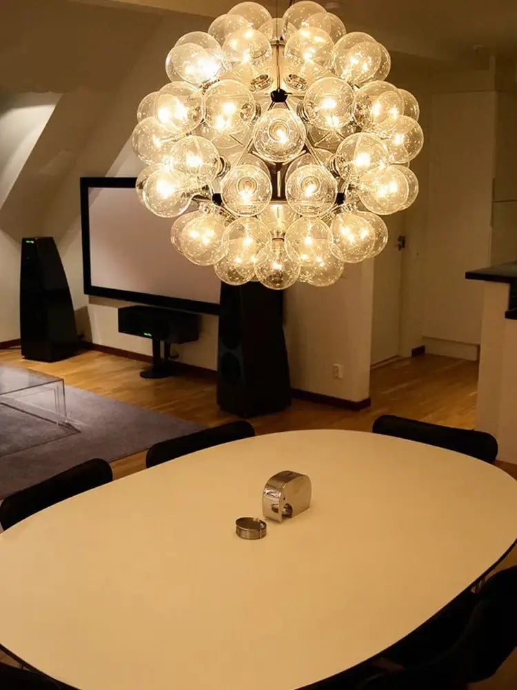 Modern glass dandelion g4 led chandelier with clear glass bulbs clustered in a spherical design for dining room decorbites glass
