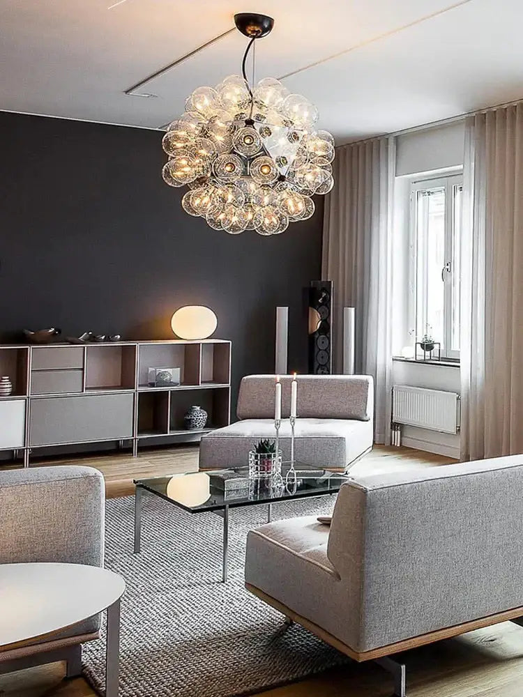 Modern glass dandelion g4 led chandelier with clear bubble glass spheres and black metal fixture for dining room decorbites glass