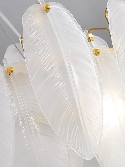Elegant white glass feather chandelier with gold-toned hardware for modern living room brass pendant lighting