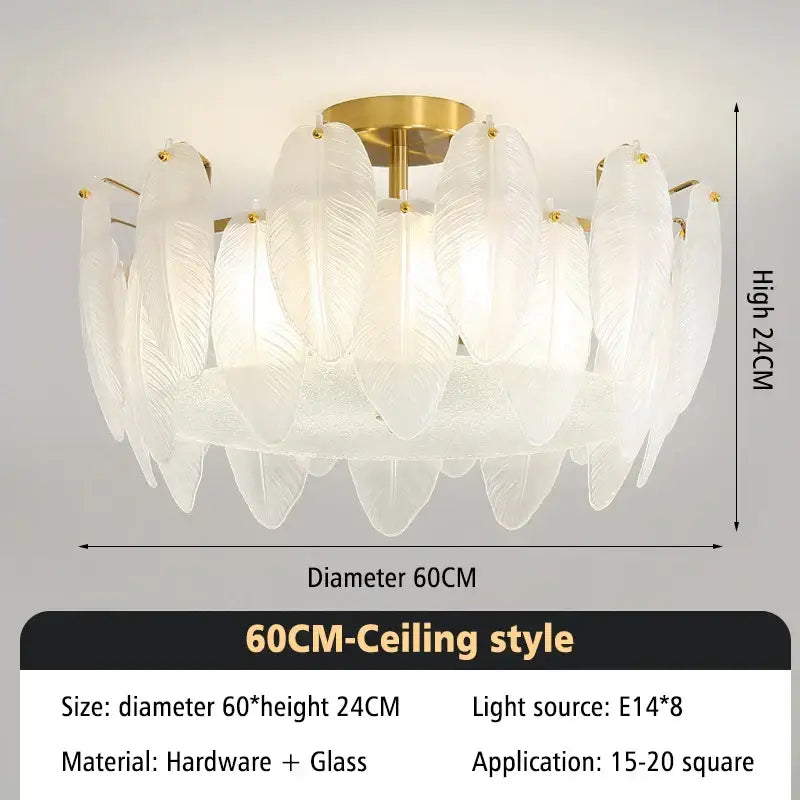 Modern glass feather chandelier with translucent white glass feathers and brass base for living room pendant light