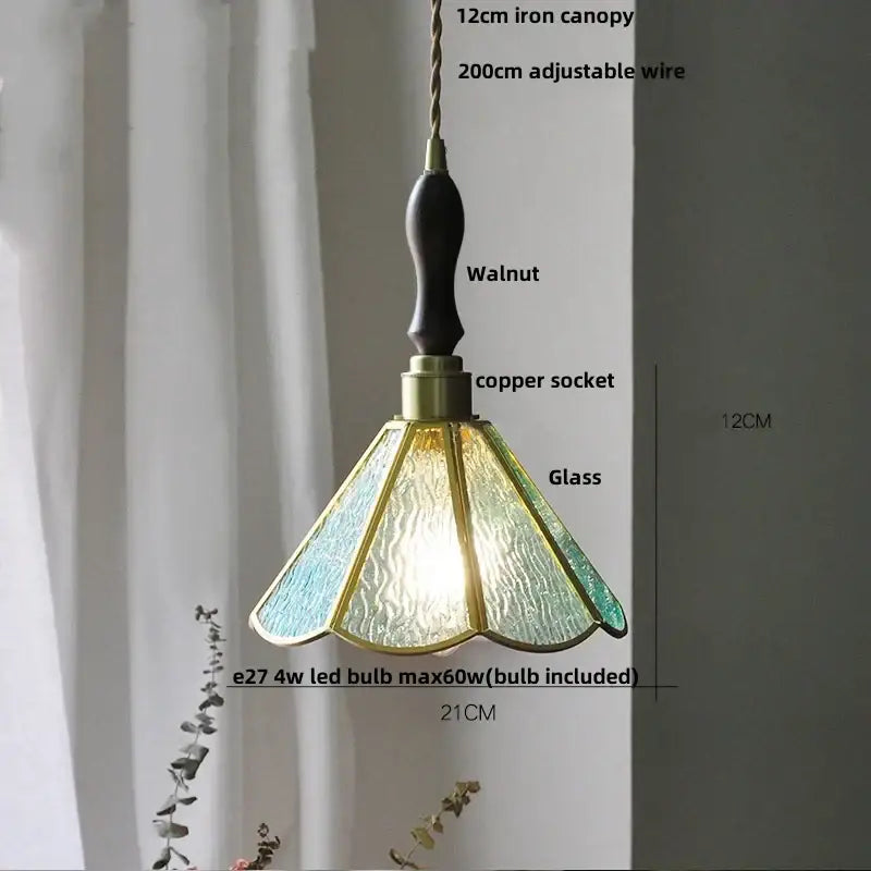 Vintage-style glass flower led pendant light with walnut iron canopy copper socket and blue-green textured shade for dining room