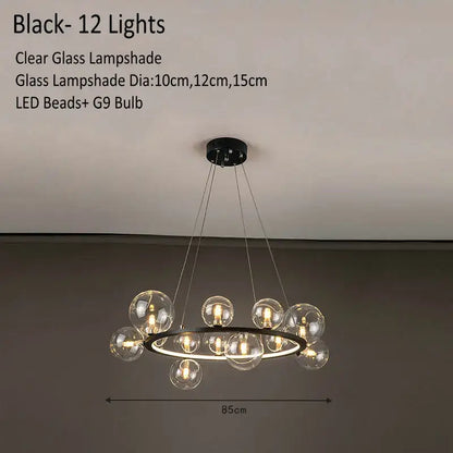 Black modern glass chandelier lamp with clear glass lampshades and LED beads for kitchen island lighting